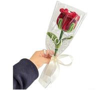 Ramo de rosas de ganchillo hecho a mano con hilo de lana para acento de mesa de boda, mesita de noche, columpio de porche y proporción armoniosa (rojo)