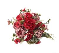 Ramo de rosas de peonía artificial estable a los rayos UV para interiores y exteriores, hogar, oficina, decoración de boda, centro de mesa, arreglo temático de otoño (rojo)