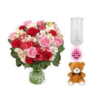 Ramo de rosas milagrosas XXL, 30 tallos, rosas e inalilias, rojo, blanco, rosa, 40-50 cm de longitud, incluye jarrón y osito, calidad de florista, atado a mano, idea de regalo perfecta