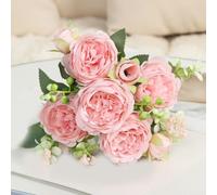 Ramo de rosas persas de 5 tallos de seda de tacto real para centro de mesa de boda, ramo de novia, decoración del hogar y uso en eventos especiales (rosa claro)