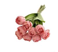 Ramo de tulipanes artificiales de 9 cabezas con bordes quemados - Arreglo floral de seda para decoración del hogar, boda y fotografía, 39 cm, blanco/rojo/rosa/amarillo/morado (rosa oscuro)