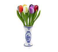 Ramo de Tulipanes de Madera en jarrón de Porcelana, 9 Tulipanes, 34 cm de Alto, Hecho a Mano, Regalo, decoración, Boda, Ramo Made in Holland