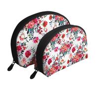 Ramos Florales Brillantes y Elegantes de Color Rojo Azul Marino, Bolsa de Maquillaje de Concha, Monedero pequeño para Mujer, Bolsa de artículos de tocador, Bolsa de cosméticos, 2 Piezas