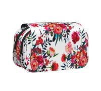 Ramos Florales Brillantes y Elegantes en Rojo y Azul Marino Estuche para lápices portátil con Doble Concha y Cremallera