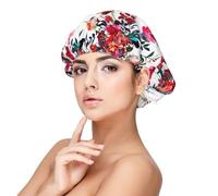 Ramos florales brillantes y elegantes en rojo y azul marino,Gorro de dormir de satén para adultos - Gorro de dormir elástico para mujer, cubrecabello nocturno
