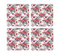 Ramos Florales Brillantes y Elegantes en Rojo y Azul Marino,Posavasos Cuadrados de Corcho MDF, Almohadilla para Tazas, Juego de 4 Posavasos para Bebidas