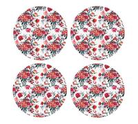 Ramos Florales Brillantes y Elegantes en Rojo y Azul Marino,Posavasos Redondos de Corcho MDF, Almohadilla para Tazas, Juego de 4 Posavasos para Bebidas