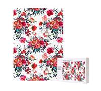 Ramos Florales Brillantes y Elegantes en Rojo y Azul Marino,Rompecabezas de Madera de 300 Piezas para Adultos y Adolescentes.