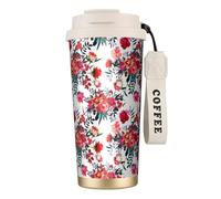Ramos florales brillantes y elegantes en rojo y azul marino,Taza de café de acero inoxidable 316 con cordón, vaso térmico de viaje para coche, 500 ml