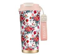Ramos florales brillantes y elegantes en rojo y azul marino,Taza de café de acero inoxidable 316 con cordón, vaso térmico de viaje para coche, 500 ml