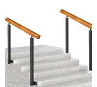 Rampa de escalera de madera maciza para 2-4 escalones, varillas de soporte para interiores y exteriores, postes de hierro forjado negro galvanizado (x2), barra antideslizante para mayor seguridad y