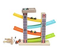 Rampa para Coche Juguete, Circuito Madera Montessori con 4 Coches y 3 Bolos, Tobogán Zigzag y Garaje