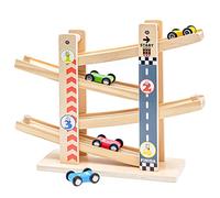 Rampas para Coches de Madera | Tobogán de Coche en Zigzag | Parking Garaje Coches Juguetes | Juguetes para Niños Pequeños Pista de Carreras de Madera con 4 Coches | Regalos de Niño de 3 4 Años (City)