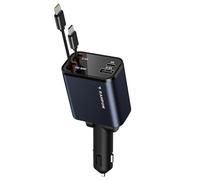 RAMPOW Cargador Coche Carga Rápida 65W 4en1 Retráctil, Cables USB C Retráctiles, Cargador iPhone Coche para iPhone 16/15, Samsung S24/23, iPad - Azul Negro