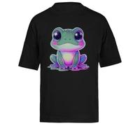 Rana Neón Chibi Camiseta Extragrande Holgada Negra Unisex Unisex Black tee Baggy Oversized T-Shirt