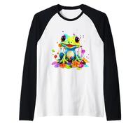 Rana Vibrante de Dibujos Animados con Flores y Salpicaduras de Pintura Camiseta Manga Raglan