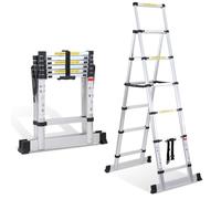 Randaco Escalera telescópica plegable de aluminio de 1,7 m + 2,0 m, marco A, 5 + 6 peldaños, escalera extensible para reparaciones de techo, tamaño plegado 65 cm, capacidad de carga de 150 kg