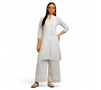 RangMahal Set de Kurta Palazzo de Algodón para Mujer Indio Hecho a Mano Lucknowi Chikankari Ropa Tradicional, Jardín Blanco/Opulento, M