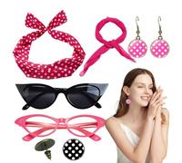 Ranley Accesorios para niñas de los años 50, diadema de lunares | Juego de diadema con lazo rojo y pendientes impresos, cintas para el pelo vintage con lunares con bufanda de gasa, gafas para niñas