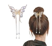 Rannyrane - Pinzas para el pelo de mariposa dorada, cadena de perlas, borla de diamantes de imitación, pinzas antideslizantes con borlas, accesorios para el cabello para mujeres (cadena de perlas y