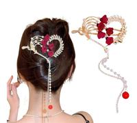 Rannyrena Pinzas para el pelo de mariposa dorada con borla de perlas, lazos de diamantes de imitación rojos, pinzas de metal antideslizantes, accesorios para el cabello para mujeres (corazón de lirio