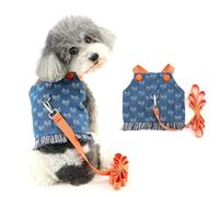 Ranphy Arnés de mezclilla para perro, ropa de moda para mascotas con patrón de corbatín, ropa para cachorros y niñas con anillo de correa, trajes de primavera y verano, ropa de gatos Yorkie, azul