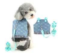 Ranphy Arnés de mezclilla para perro, ropa de moda para mascotas con patrón de corbatín, ropa para cachorros y niñas con anillo de correa, trajes de primavera y verano, ropa de gatos Yorkie, azul