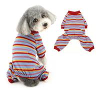 Ranphy Pijama multicolor a rayas para perros pequeños, mameluco de punto acanalado para cachorros, overol elástico para mascotas, ropa de chihuahua, yorkie, ropa de gato, azul/rojo/amarillo, XL