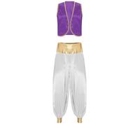 ranrann Disfraz de Príncipe Árabe para Hombres Conjunto de Disfraz de Halloween Príncipe Aladdino Disfraz de Juego del Rol Actuación S-4XL Púrpura oscuro y blanco M