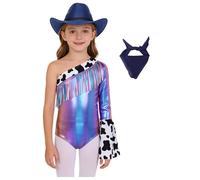ranrann Disfraz de Vaquera Maillot Brillante de Manga Larga con Flecos y Estampado de Vaca para Niñas Boho con Sombrero de Vaquero y Pañuelo Azul 7-8 años