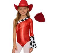 ranrann Disfraz de Vaquera Maillot Brillante de Manga Larga con Flecos y Estampado de Vaca para Niñas Boho con Sombrero de Vaquero y Pañuelo Rojo 7-8 años