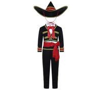 ranrann Disfraz Mejicano Infantil Traje Tradicional Mariachi Negro de Lujo con Chaqueta Pantalones y Sombrero Ancho Trajes de Charro Mexicano 3-12 Años Negro Rojo 7-10 años