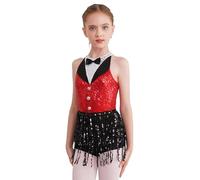 ranrann Maillot de Danza Latina para Niñas sin Mangas Leotardo de Baile Jazz con Lentejuelas Brillantanes Borlas Disfraz de Bailarina 5-16 años Rojo 13-14 años