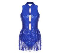 ranrann Mujer Vestido Borla de Baile Latino Lentejuelas Traje de Danza Latina Flecos Sin Mangas Sin Espalda Falda para Samba Rumba Tango para Adultos A Azul Real M