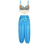 ranrann Traje de Danza del Vientre para Mujer Top Corto Sujetador y Pantalones de Lentejuelas Brillantes de Princesa Árabe Disfraz de Bailarina India Azul Claro M