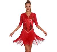 ranrann Vestido Baile de Salon Latino Profesional con Flecos y Lentejuelas Cuello en V Media Manga Vestido de Baile Salsa Chachachá Actuación Rojo M
