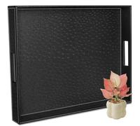 ranslen avestruz piel sintética rectangular mesa de café desayuno bandeja para servir con asas para desayuno en la cama