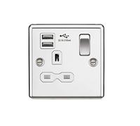 Ranuras de cargador USB dual del zócalo conmutado 13A 1G con el inserto blanco - borde redondeado pulido cromo