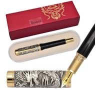 Ranvi Pluma estilográfica Jinhao Dragon, plumín fino, diseño de dragón plateado con capuchón tallado estereoscópico, con estuche de regalo (Negro)