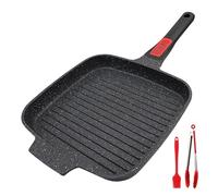RANX INGST Grill Asador con Rayas, 26 x 24 cm Sartén Parrilla de Aluminio Fundido con Mango Extraíble, Revestimiento Antiadherente (Negro)