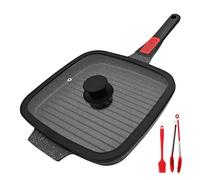 RANX INGST Grill Asador con Rayas con Tapa, 26 x 24 cm Sartén Parrilla de Aluminio Fundido con Mango Extraíble, Revestimiento Antiadherente (Negro)