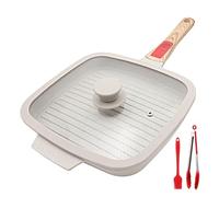 RANX INGST Grill Asador con Rayas con Tapa, 26 x 24 cm Sartén Parrilla de Aluminio Fundido con Mango Extraíble, Revestimiento Antiadherente (Blanco)