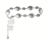 RANYAKE Cinturón de cadena bohemio occidental para mujer, cinturón plateado circular, cinturón de metal occidental, cadena de cintura vintage ajustable, para vestidos, jeans, faldas