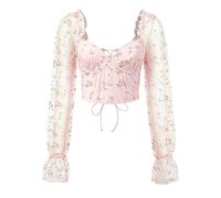 RAOKENSU Corsé para mujer Top Patchwork Bordado Corsé Parte Superior Sexy Abdomen Tops Manga Larga Cuello V Corsé Top Mangas de Malla Bustier Club Nocturno Fiesta Clubwear Transparente Tops, O rosa