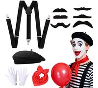 RAOPNHS Disfraz de payaso de 10 piezas para mujer, boina, bufanda roja, guantes, tirantes y bigotes, disfraz de carnaval para mujer