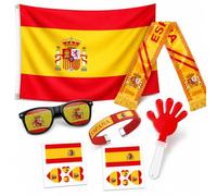 RAOPNHS Kit Aficionado España con Bandera Grande (90x150cm), Bufanda de Fútbol, Gafas, Pulseras, Pegatinas y Mano Aplaudidora - Pack de Animación para Partido, Fiesta Deportiva, Bar, Fútbol 2026