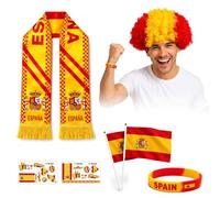 RAOPNHS Set Aficionado España 7 Piezas, Bufanda España Mundial 2026 con Peluca, Pulsera, Tatuajes y Banderas, Accesorios Fútbol para Partido, Bar, Fiesta y Celebración