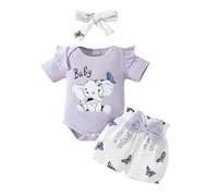 Raopuzi Conjunto Bebe Verano, Ropa Recién Nacido Niña de Pundo, Traje con Volante Y Estampado de Elefante, Body de Manga Corta,Pantalones Cortos Lazo Diadema 3 Piezas para Bebés Niñas 0-18 Meses