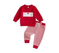Raopuzi Conjunto de Sudadera Navidad Bebe Niña Niño y Pantalones Largos de Rayas Rojas Ropa Navideño Waffle Recién Nacidas Trajes de Chándal Sudadera Set Rojo de Manga Larga Para Niñas Niños