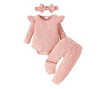 Raopuzi Conjunto Largo de Ropa de Bebe Niña Ropa Recien Nacido de Punto Body de Manga Larga con Volantes+Pantalones Larga +Diadema Lazo Traje de 3 Piezas Estampados Florales